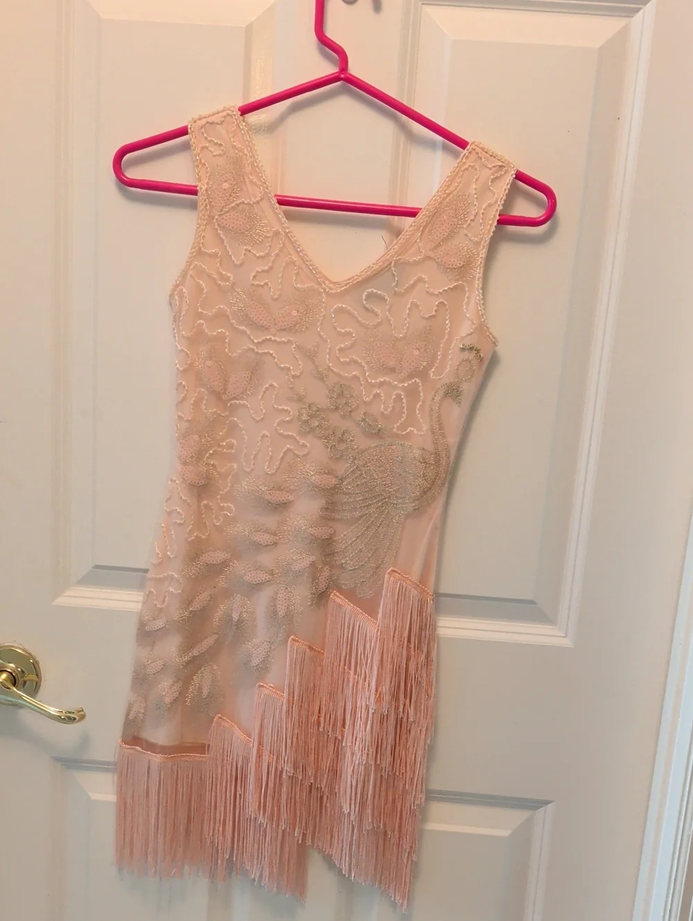 Beaded Fringe Flapper Dress in Blush Pink